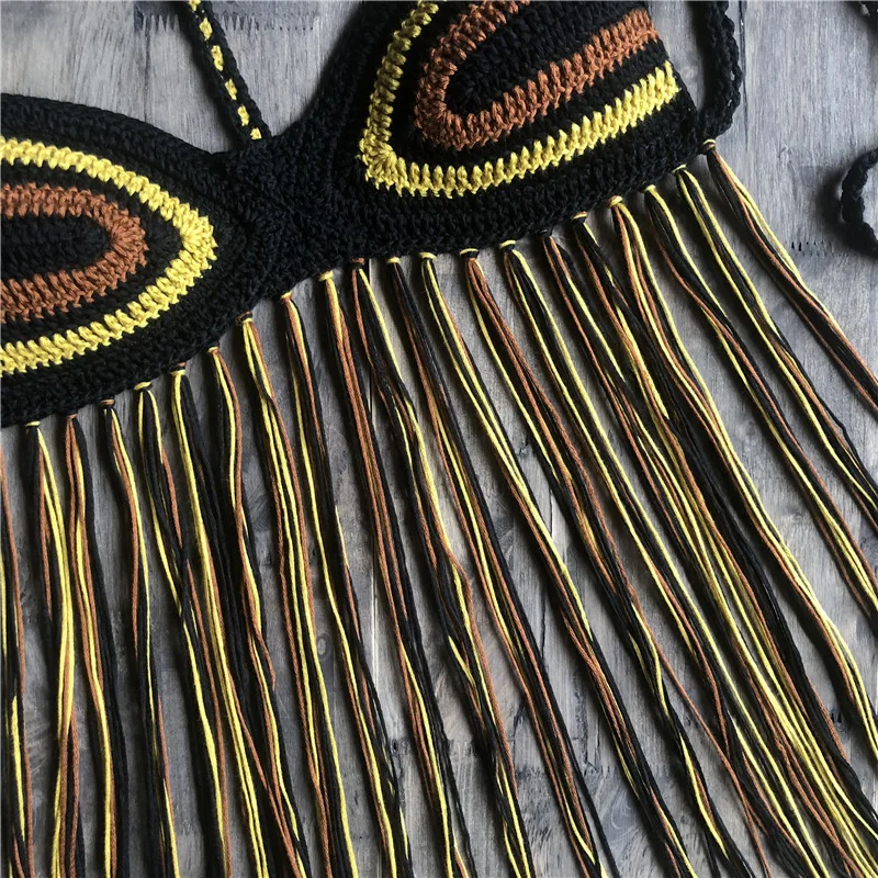 Бикини Крючком черный сексуальный женский топ с кисточками Boho пляжный купальник бахрома вязаная крючком бикини бюстгальтер с бретельками