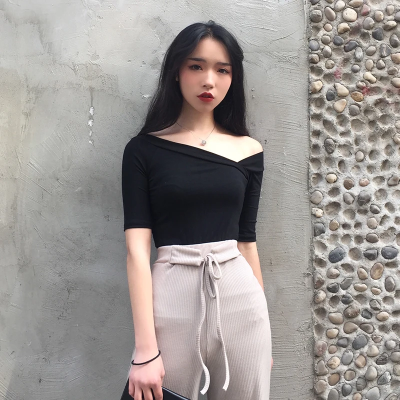 Женские футболки топы японские Kawaii для девушек Ulzzang косой вырез без бретелек
