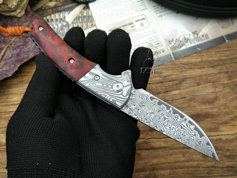 LCM66 дамасский складной нож ручной работы кованый нож охотничий нож 60HRC Ebony Ручка с портативным ножом Инструменты острый открытый knif