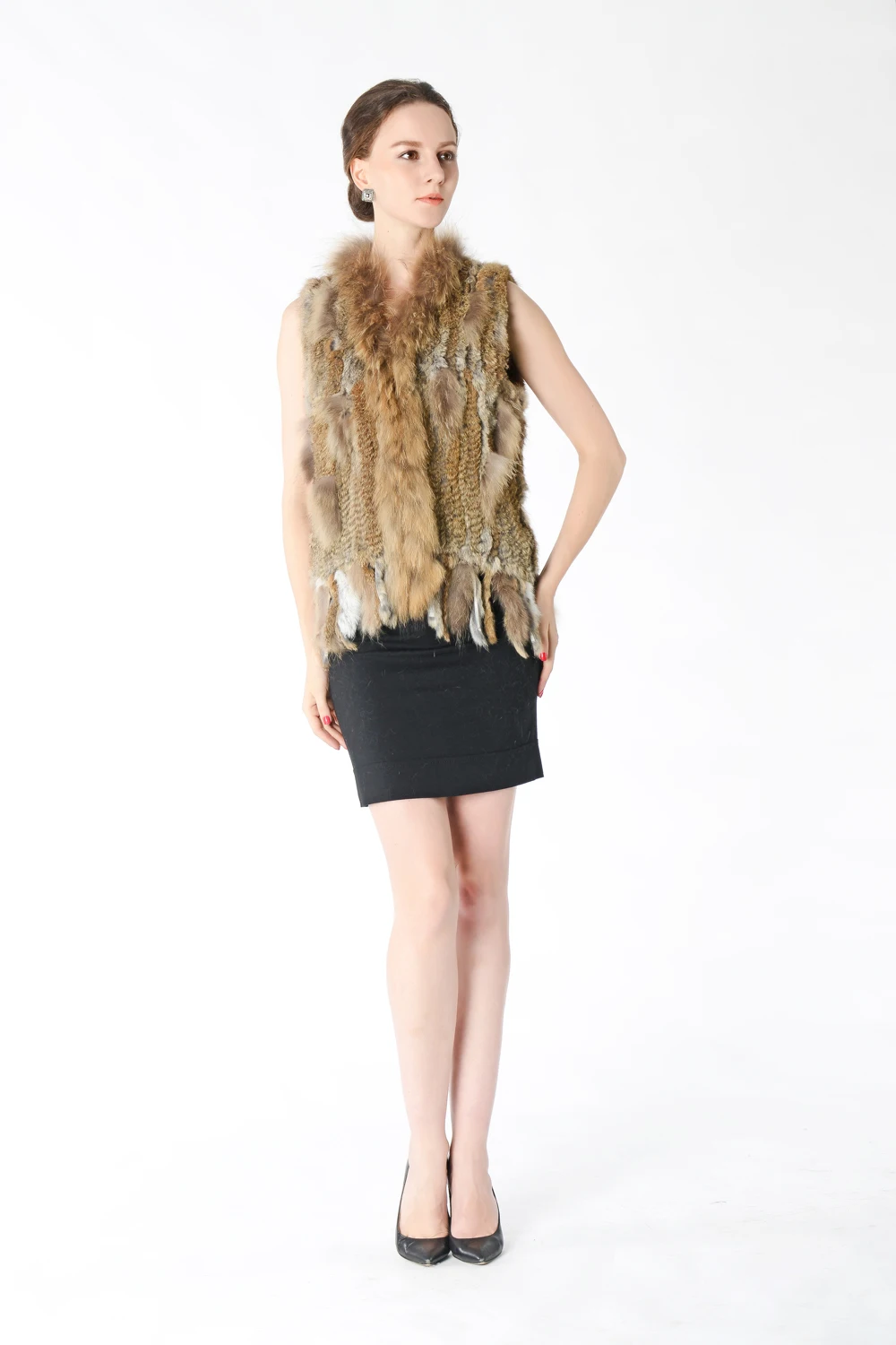 Новинка 2019 вязаный жилет из кроличьего меха с воротником енота куртка без