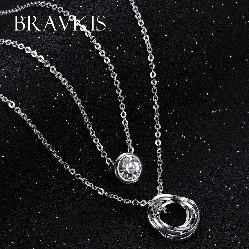 BRAVEKISS Double Layer Necklace Alloy Crystal Rhinestone Charm Necklaces Round Pendants Choker for Women mujer jewelry BUN0119B | Украшения