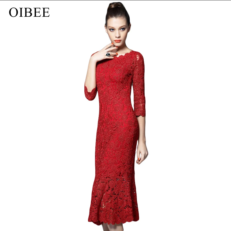 OIBEE, высокое качество, модное, кружевное, полое, три четверти, одноцветное, труба, сексуальное, элегантное, вечернее платье