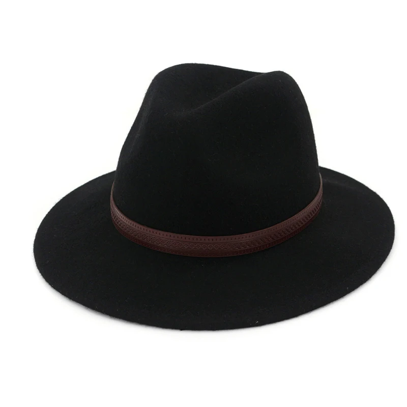Шляпа федора из 100% шерсти с кожаным узором широкими полями|Мужские фетровые