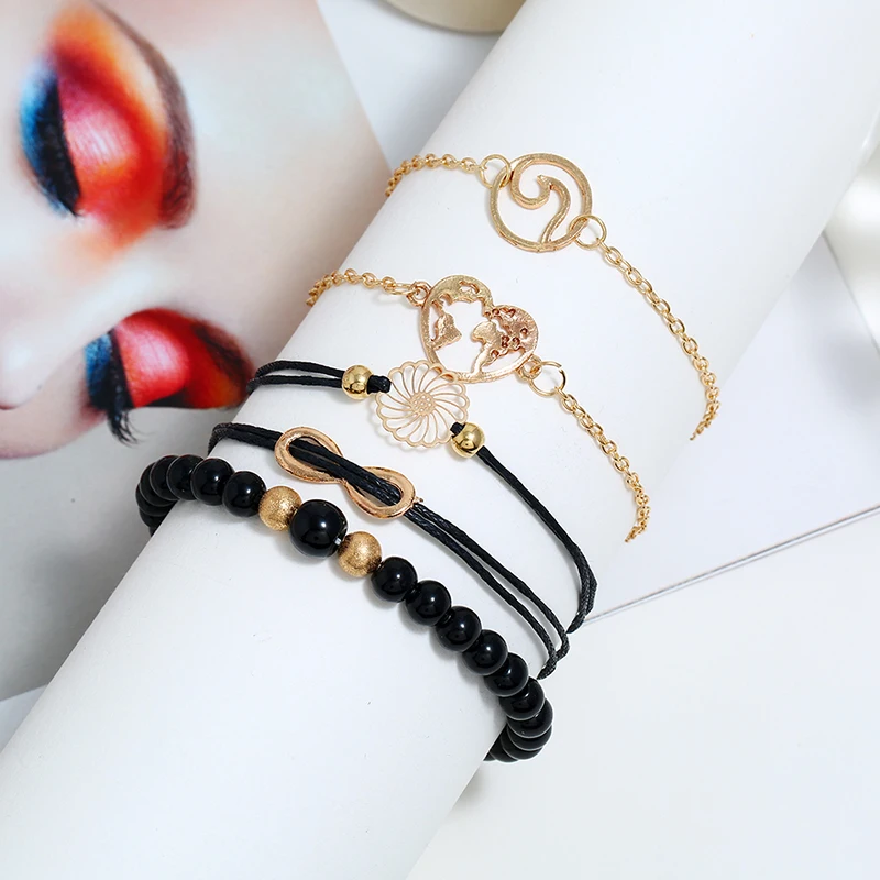 Lemon Value Bohemian Charms Heart Bracelet Set For Women Vintage Gold Color Multilayer Beads Infinite Bracelets Jewelry ZL299 | Украшения и