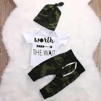 Pudcoco 2017 Short Sleeve O-Neck Army Green Newborn Baby Girl Boy Clothes Romper T-Shirt Long Pants And Hat Outfits 3Pcs 3-18M | Детская
