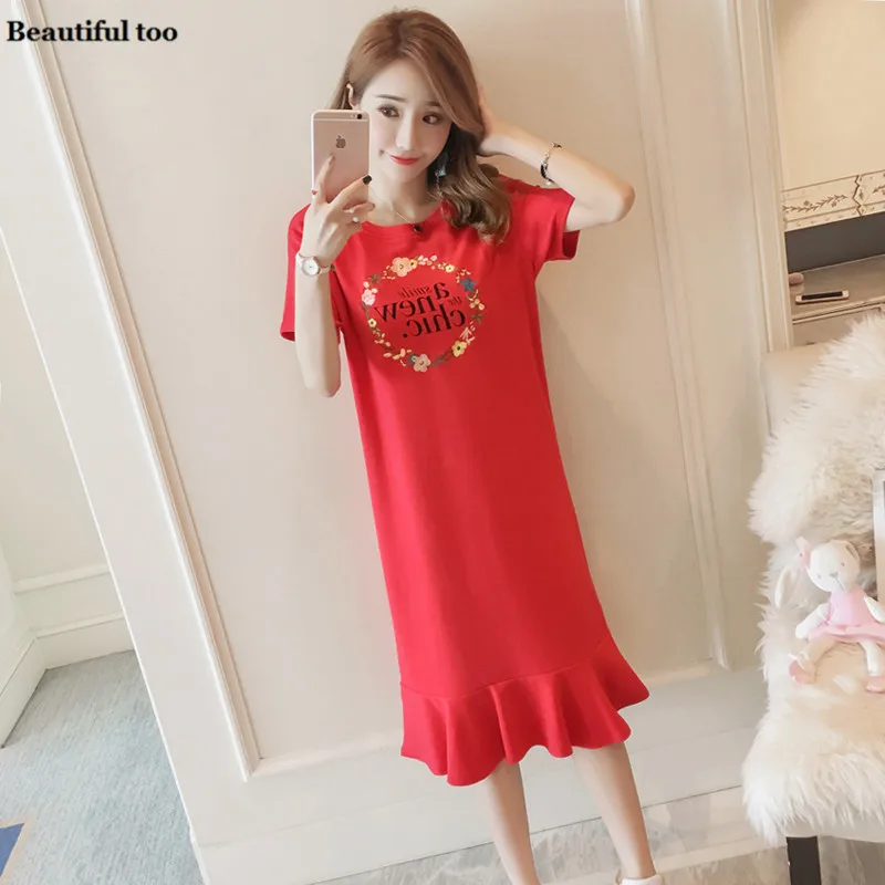 Women Shirt Dress Short Sleeve Elegant Cotton Casual Korean Long Midi Dresses Ruffles Floral Female Leisure Loose Clothes Tops | Женская