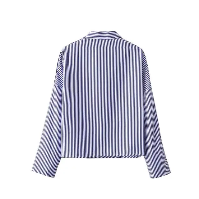 Женская блузка в полоску с воротником-стойкой и цветочной вышивкой | одежда