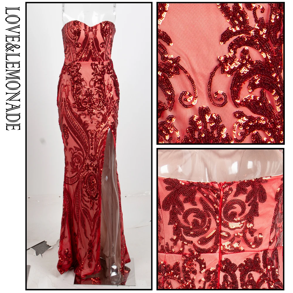 

LOVE&LEMONADE Sexy Strapless Cut Out Geometric Pattern Sequins Bodycon Maxi Dress LM81342-2 RED