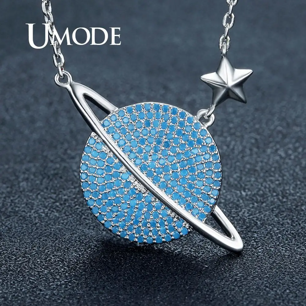 UMODE Blue Universe космические Подвески ожерелье s для женщин цепочка из белого золота ожерелье Femme для девочек Роскошные Модные Ювелирные изделия Подарки UN0244