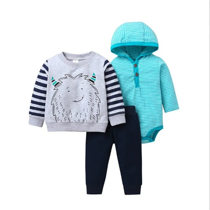 2019 New 3pcs Set Baby Boys Girls Cartoon T-shirt long Sleeved bodysuit Print Pants PP Cotton Newborn stripe Clothing Sets | Детская