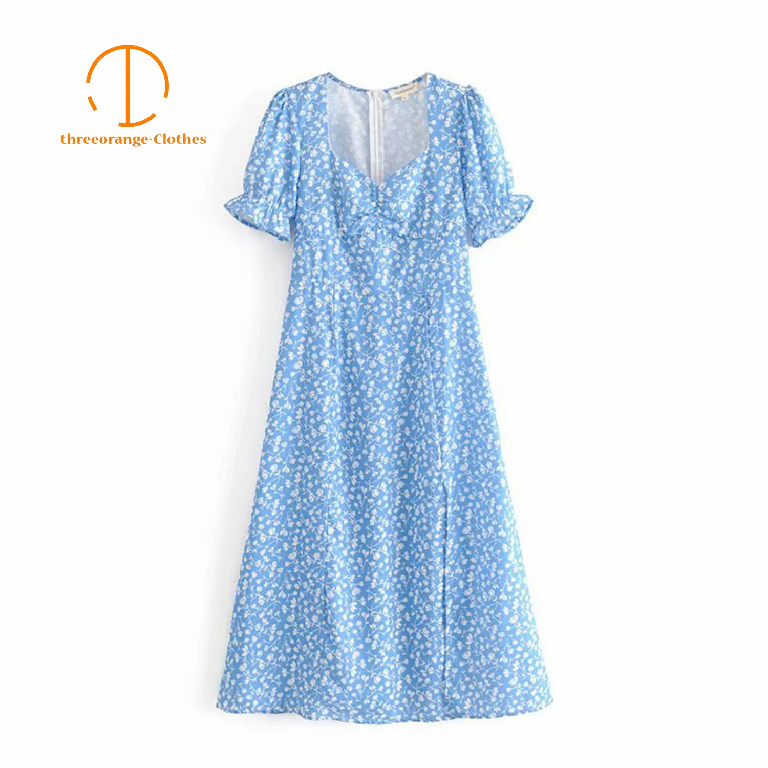 Женское летнее синее платье миди с цветочным принтом пышными рукавами и высоким