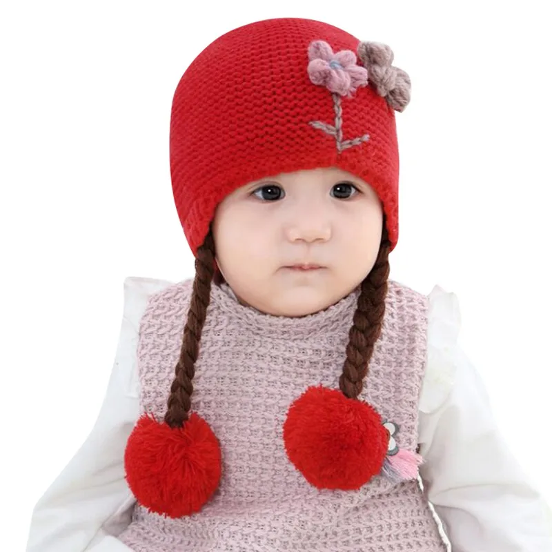 Красный Newborn Baby Toddler Knit Hat Flower Baby Cap Infant Girls Bonnet Cute Hats Soft Cotton Newborn Baby Photo Props 6-24M - Цвет: Красный