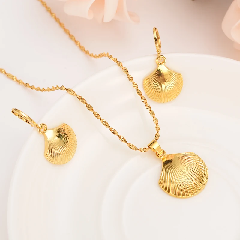 

african gold pendant Necklace Earring Set Women Party Gift cute big fan shell charms women girls Fine kids Jewelry gift