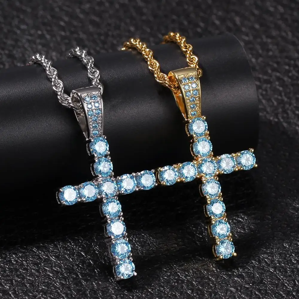 ARMNVNV Hip Hop Sky Blue Cubic Zirconia Cross Pendant Necklaces for Men Jewelry Party Decoration | Украшения и аксессуары