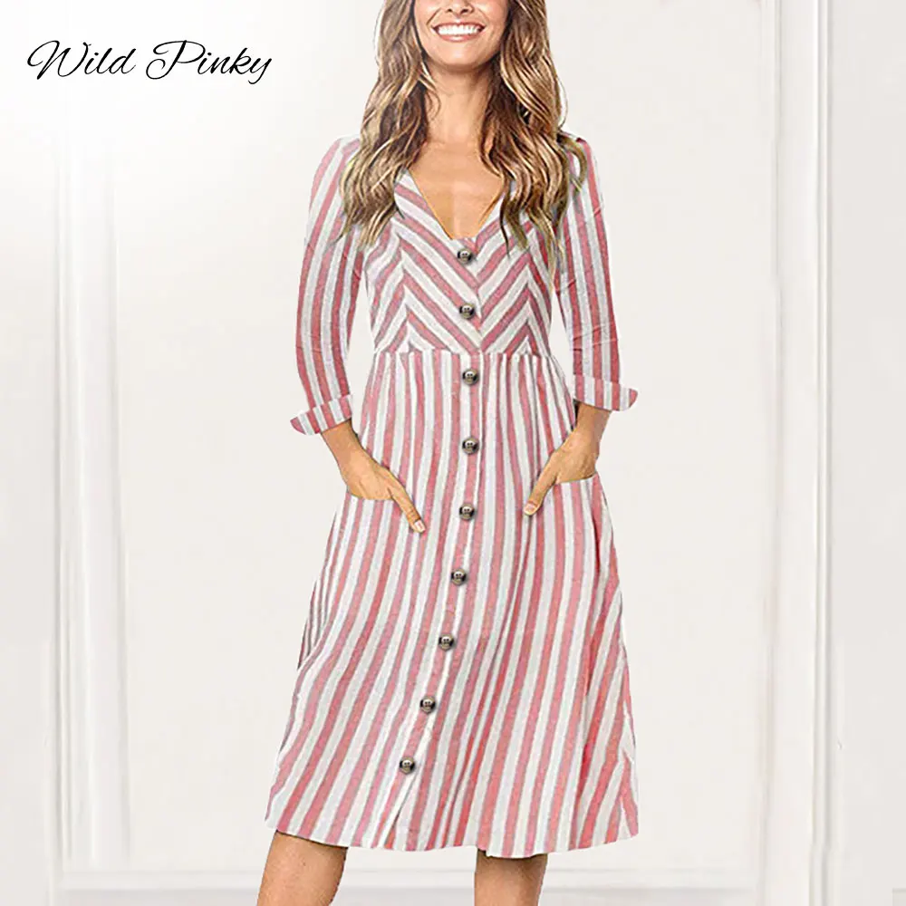 CUERLY dress women vintage BOHO Buttons V-neck long sleeve Beach Playsuits Summer Women Striped Girls Casual Femininos | Женская одежда