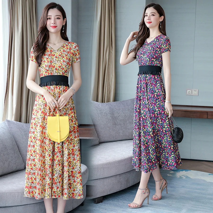 Шифоновые длинные платья с цветочным принтом в Корейском стиле летние винтажные