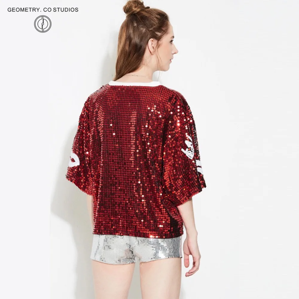 Женский клубный топ с коротким рукавом и круглым вырезом блестками|short sleeve|o necksequin
