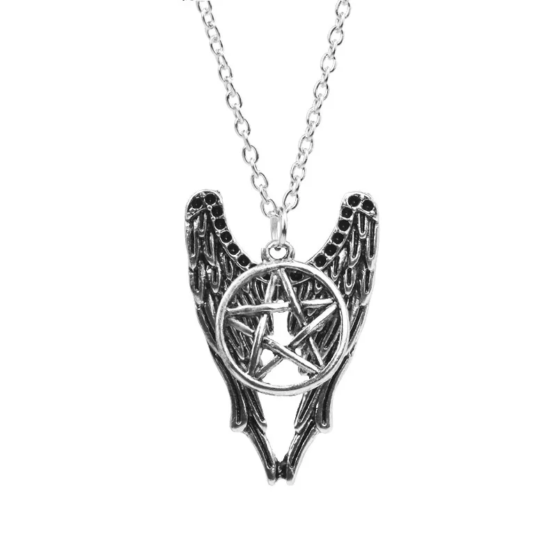 

24 Pcs/Lot metal Pentagram Pentacle Angel Wings Pendant Castiel vintage antique metal jewelry wholesale