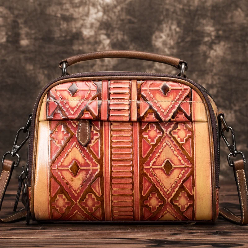 Натуральная тисненая кожа с верхней ручкой сумка тоут в национальном стиле Ретро