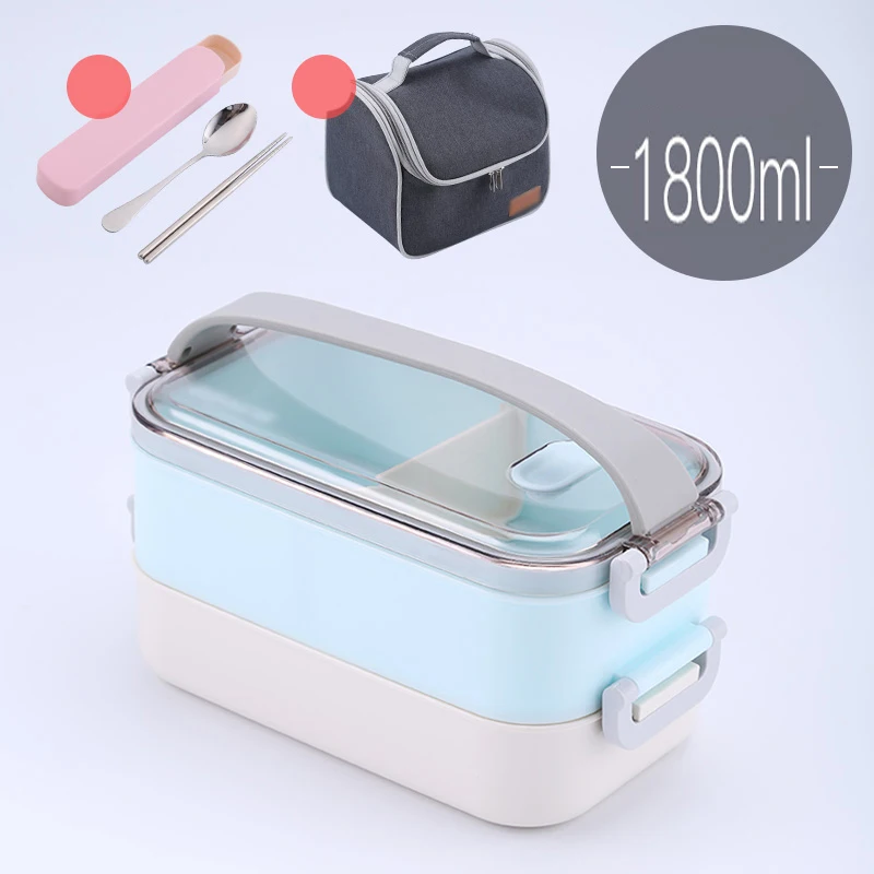2 layer Blue-Bag Горячая Распродажа для микроволновой печи герметичный Ланч-бокс пластиковый из нержавеющей стали Портативный пищевой контейнер с отделениями Бенто-бокс для пикника набор - Цвет: 2 layer Blue-Bag