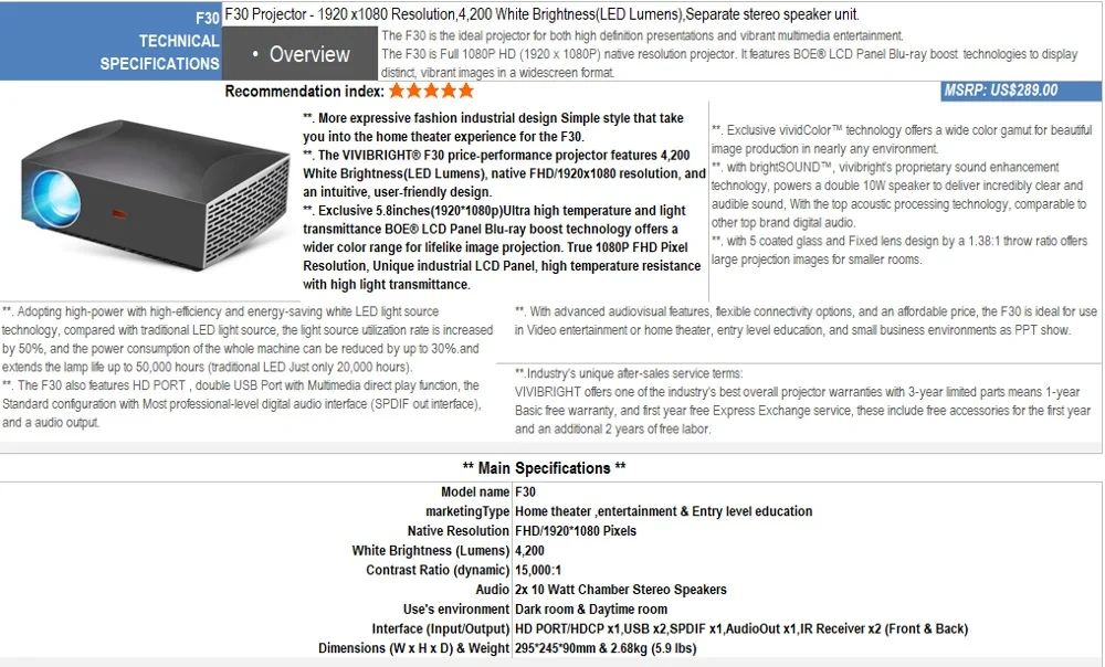 ViviBright F30 светодиодный видеопроектор 1920*1080P 4K 4200 люмен Android домашний кинотеатр со стереодинамиком образовательный проектор