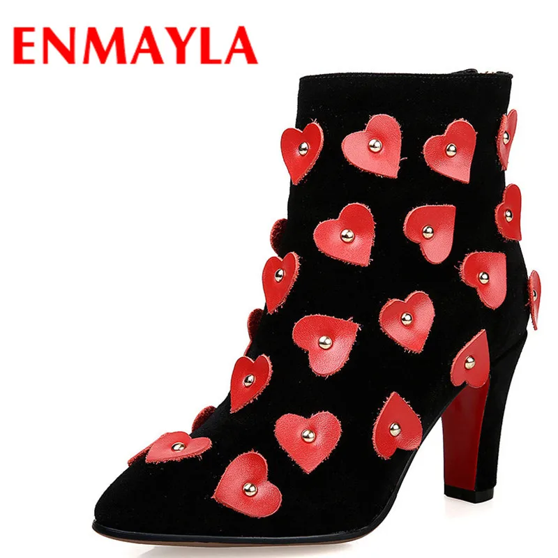 

ENMAYLA High Heels Sexy Red Zipper Short Boots Spring Autumn Appliques Shoes Woman Pointed Toe Ankle Boots Women Design Boots
