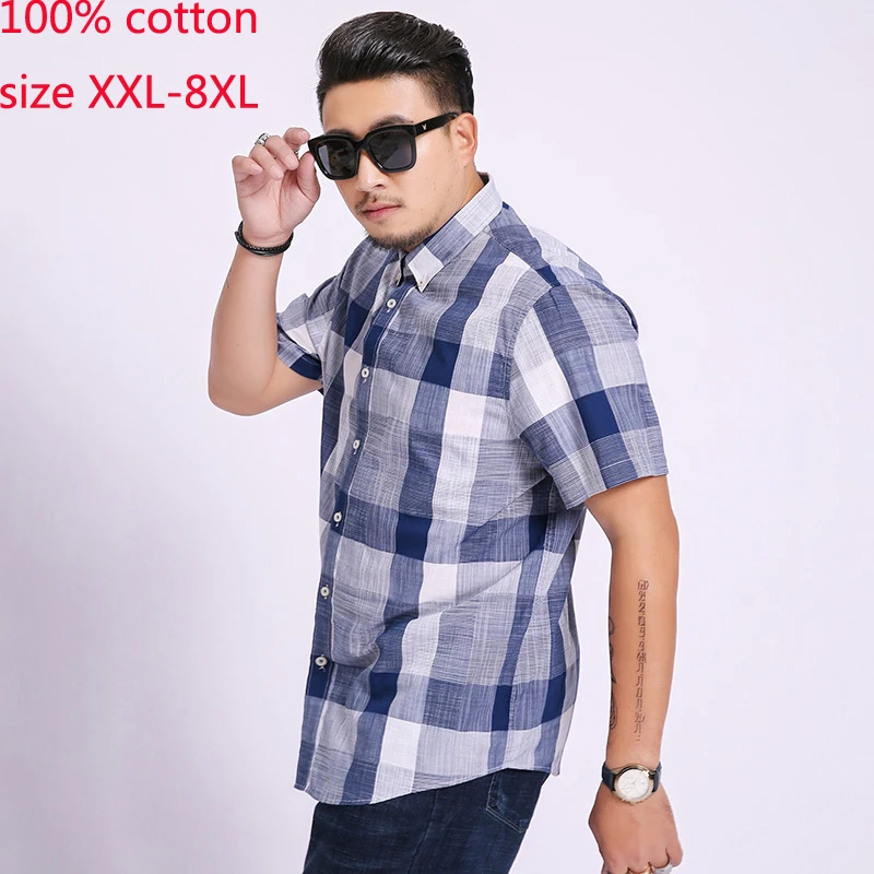 

New Arrival Men Short Sleeve Shirts Loose Yarn Dyed Extremely Super Large Casual Shirts Plaid Plus Size 2XL3XL4XL5XL 6XL 7XL 8XL