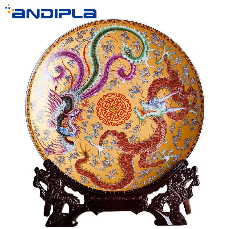

10 inch Jingdezhen Ceramic Porcelain Decoration Plates Chinese Auspicious Dragon Phoenix Ornaments Home Arrangement Crafts Decor