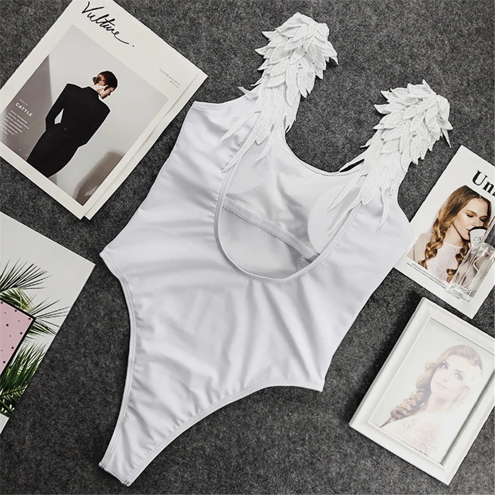 Sexy Feather Wing One Piece Swimsuit Women Solid Swimwear Open Back Monokini Lace Swim Suit Backless Bathing Suit Pad Mujer