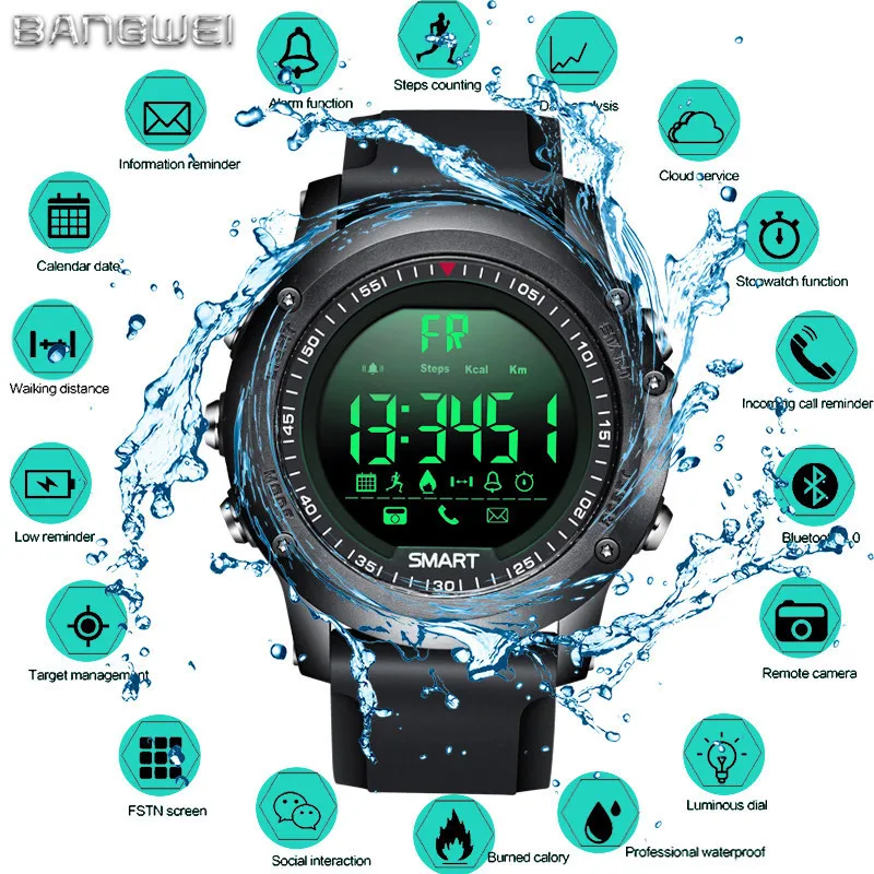 BANGWEI новые спортивные цифровые часы мужские Bluetooth Шагомер Секундомер IP68
