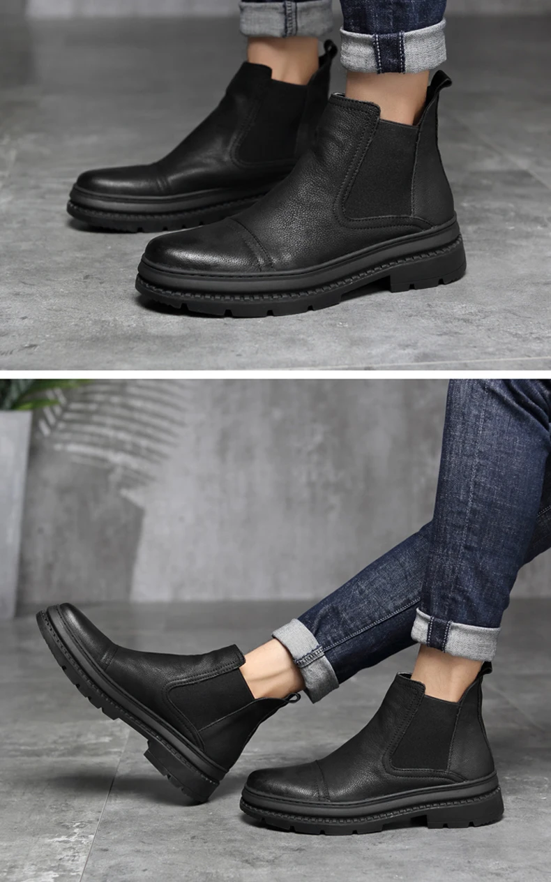 Plus Size 38-47 Chelsea Boots Men Winter Shoes Black Genuine Leather Thick sole Mens Footwear Warm Plush nonslip snow boots