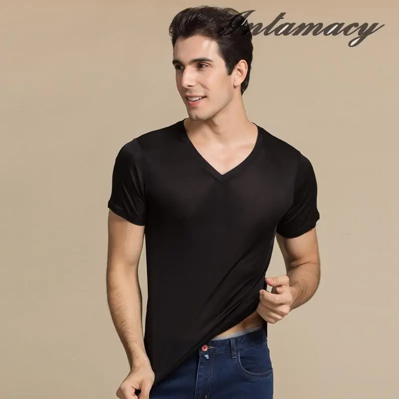 Мужская шелковая футболка с V образным вырезом и коротким рукавом тонкая 100%