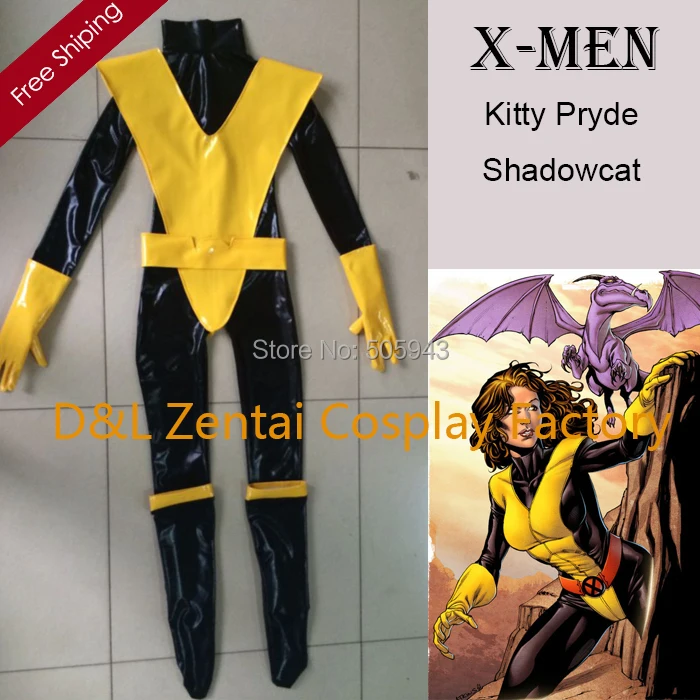 Бесплатная доставка костюм супергероя X Men Kitty Pride черный желтый блестящий ПВХ для