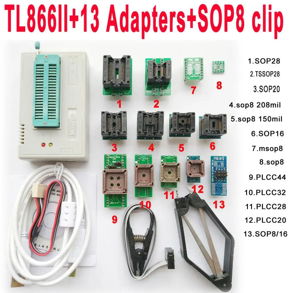 USB программатор TL866II Plus + 13 адаптеров IC Clip 1 8 в nand flash 24 93 25 mcu Bios EPROM F/nand EEPROM MCU PIC