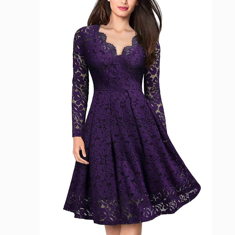 Женское винтажное платье с V образным вырезом Приталенное кружевное в стиле