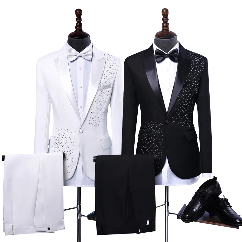 Черный белый кристаллы смокинг мужские костюмы модные тонкие камни блейзеры