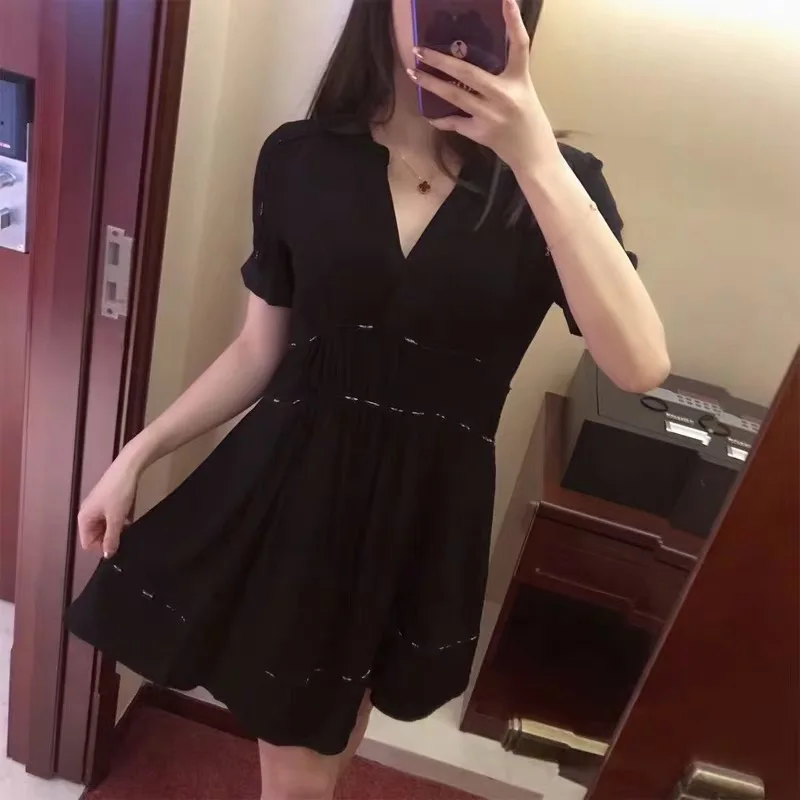 Женское платье, романтичное, Tencel, хлопок, гладкое и удобное, сломанный цвет, сочетающееся с v-образным вырезом, с коротким рукавом, с высокой талией, ТРАПЕЦИЕВИДНОЕ ПЛАТЬЕ