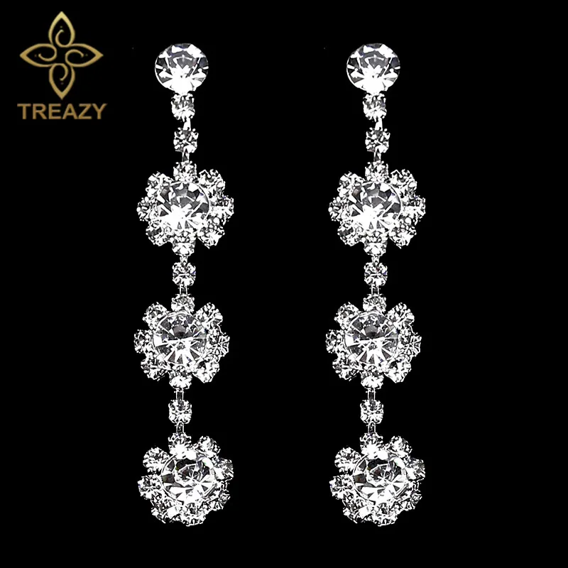 TREAZY Charm Flower Crystal Long Earrings for Women Jewelry Silver Color Rhinestone Bridal Wedding Drop Femme Brincos | Украшения и