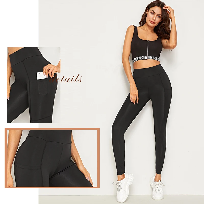 SweatyRocks однотонные леггинсы со швом и широким поясом для активного отдыха женские черные леггинсы для активного отдыха летние леггинсы с карманами по бокам