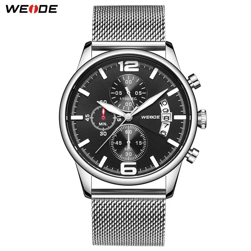 WD011-3C WEIDE кварцевые мужские спортивные часы с хронографом и тремя циферблатами, черный металлический ремешок, браслет, наручные часы, мужские часы - Цвет: WD011-3C