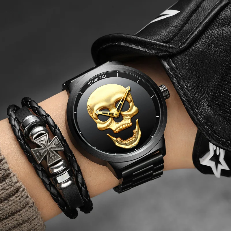 Stylish Men Skull Wristwatch Gold Creative 3D Skeleton Pattern GIMTO Brand Male's Watches Black Stainless Steel Best Gift Clock |