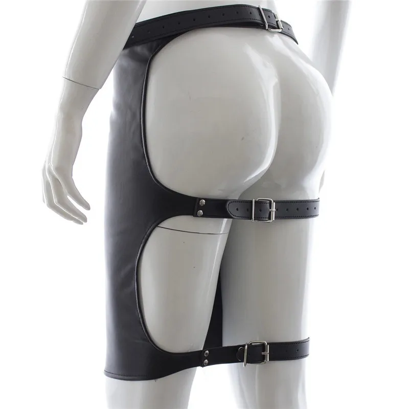 Мягкий черный кожаный подвергать зад костюм бандаж росы пердеть короткая юбка