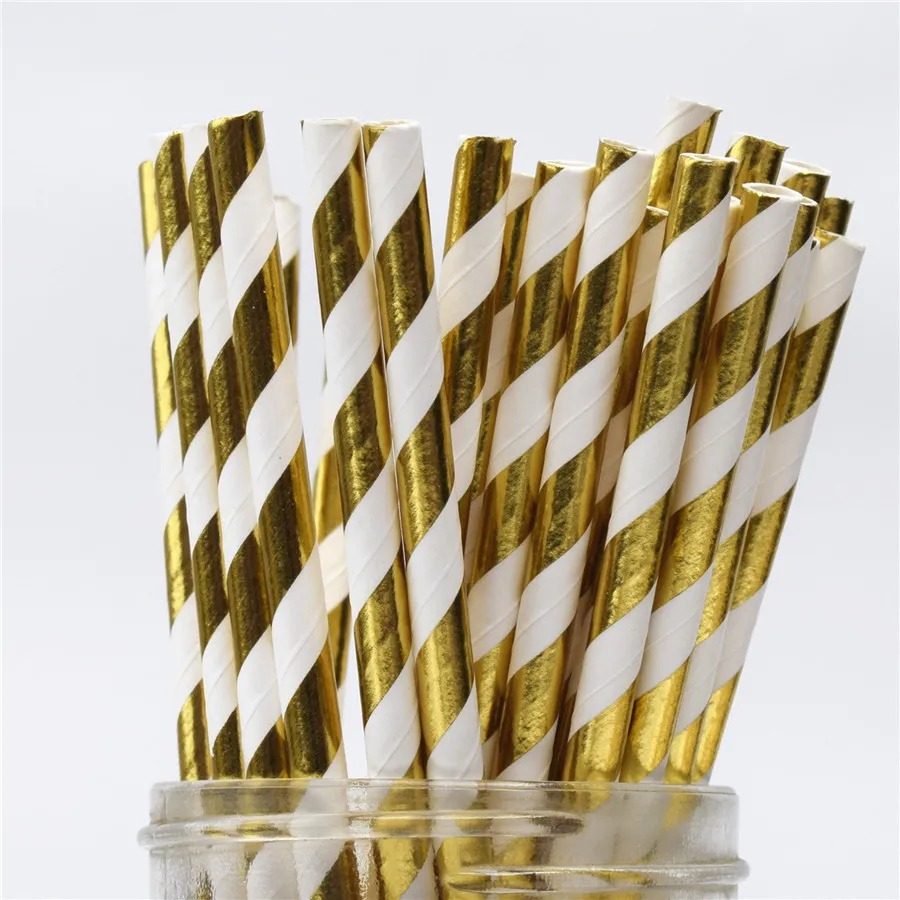 gold stripe straw 25 Одноразовая посуда с золотым краем в виде цветка, розовая бумажная тарелка, чашка, соломенный торт, деревянный нож, вилка, вечерние принадлежности, Европейский дворец, свадьба - Цвет: gold stripe straw 25