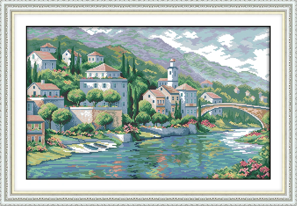 

River town cross stitch kit city beside water 18ct 14ct 11ct printed canvas DMC color cotton thread embroidery DIY handmade