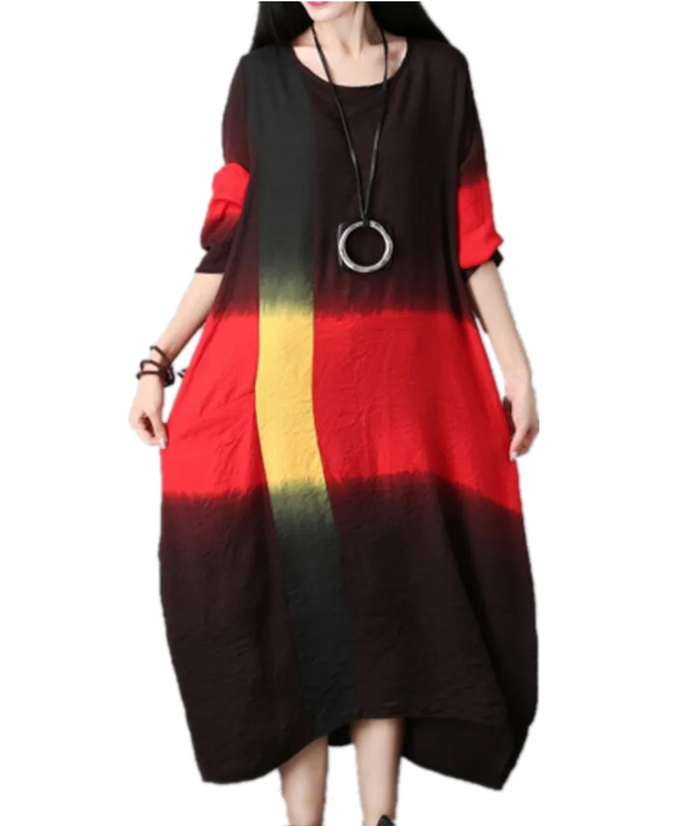 Yesno ad9 Для женщин Повседневное свободные градиент платье lagenlook 100% хлопок контраст