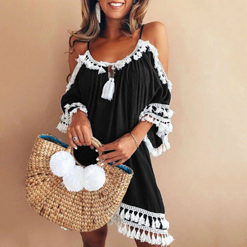 

5XL Plus size off shoulder tassels dress Women casual loose halter dresses Summer 2018 cool open shoulder dress Bohemian vestido