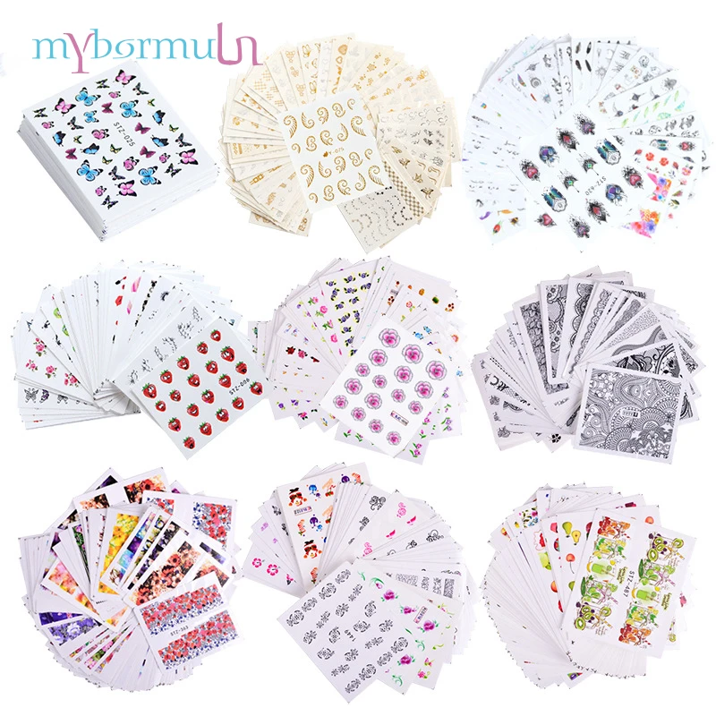 MYBORMULA смешанный дизайн ногтей наклейки наборы мультфильм цветок перо черное кружево Золото Серебро Вода Наклейка Маникюр Дизайн ногтей украшения