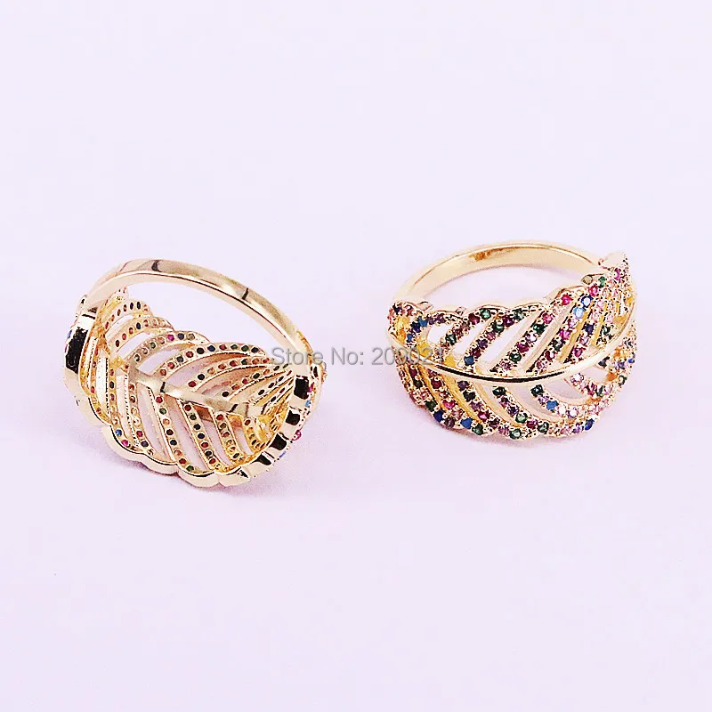 

8Pcs Fashion micro pave rainbow cz leaf ring trendy new design colorful zirconia delicate finger rings