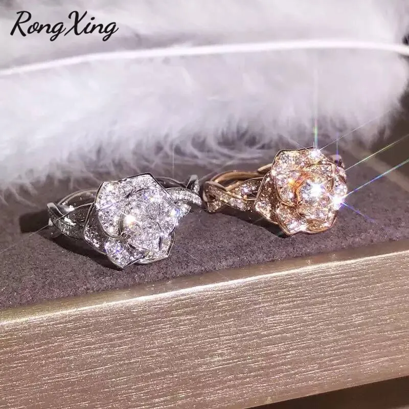 RongXing очаровательный цветок Кристалл Циркон Свадебные Кольца для женщин 925 серебро/розовое золото Женское Обручальное кольцо камень свадебные украшения