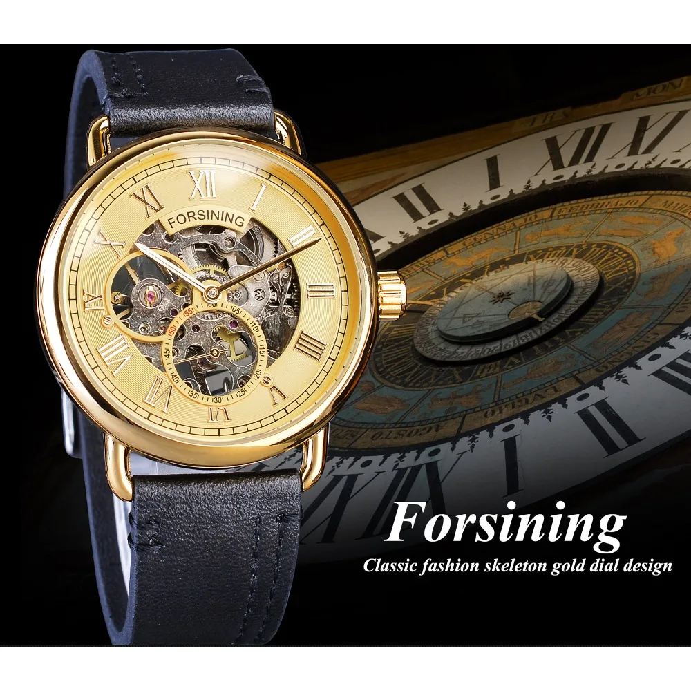 Мужские наручные часы с ремешком из натуральной кожи Forsining Golden Gear Move t прозрачный